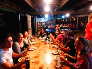 Group dinner at Hone Heke Lodge budget accommodation