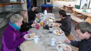 English breakfast before watching World Cup football at Hone Heke Lodge backpackers Kerikeri
